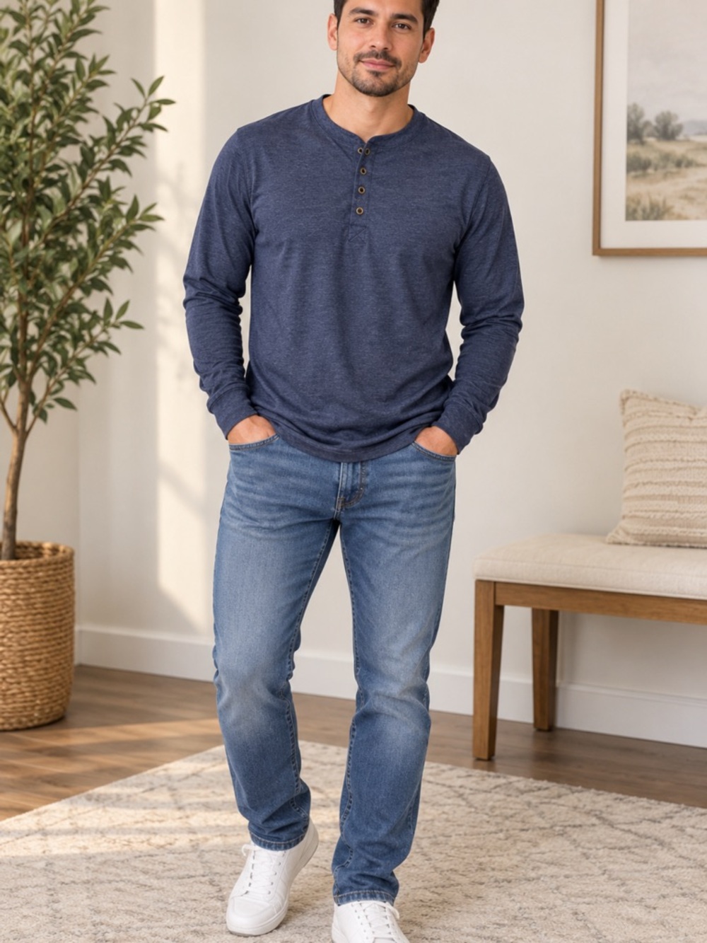 Men's Long-Sleeve Henley Shirt - Navy